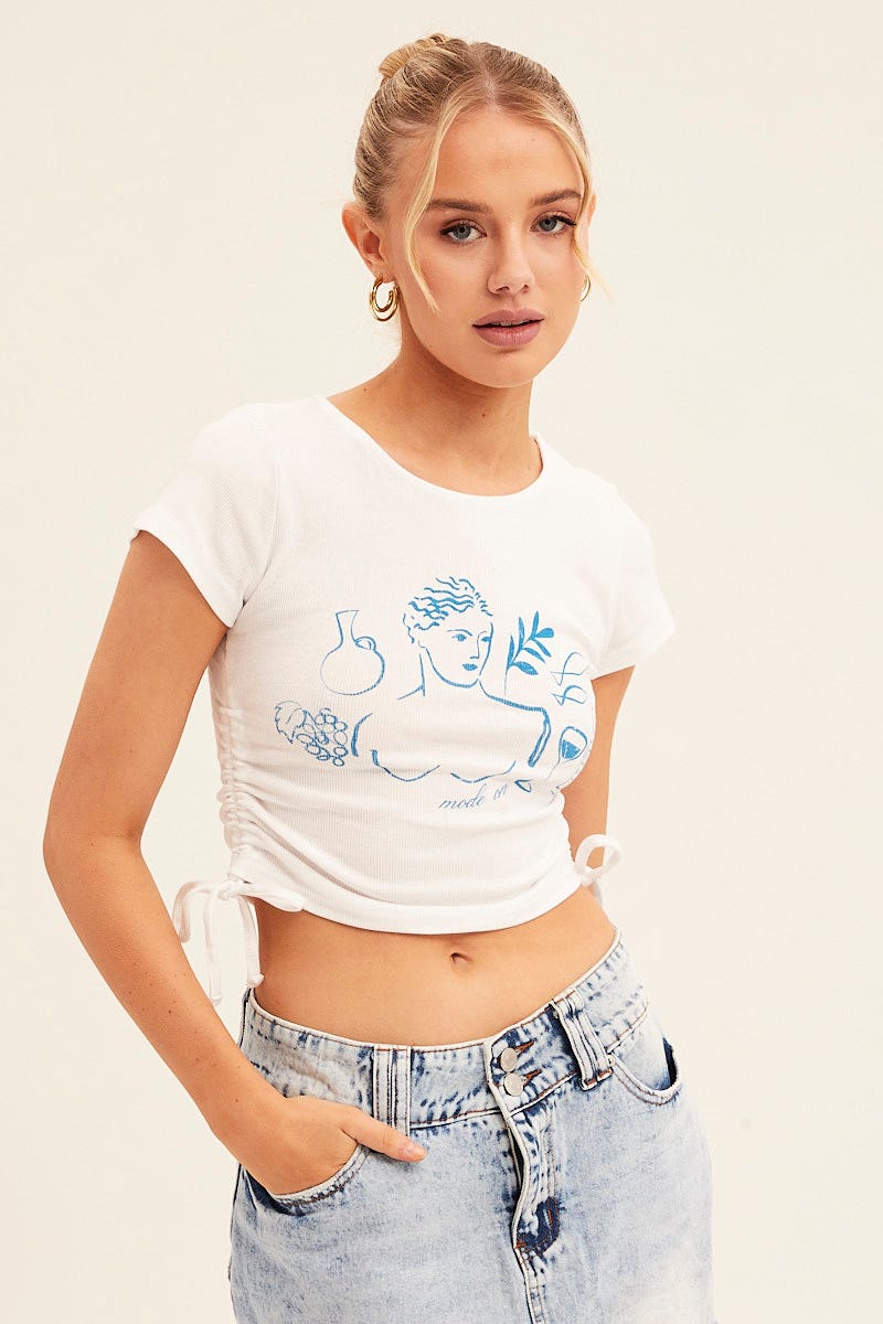 White Crop Top Short Sleeve Crew Neck Ruched Rib