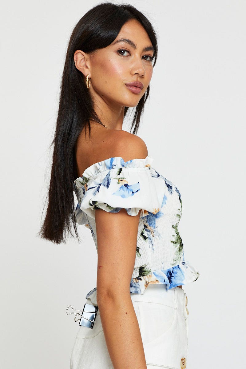Print Crop Top Off Shoulder