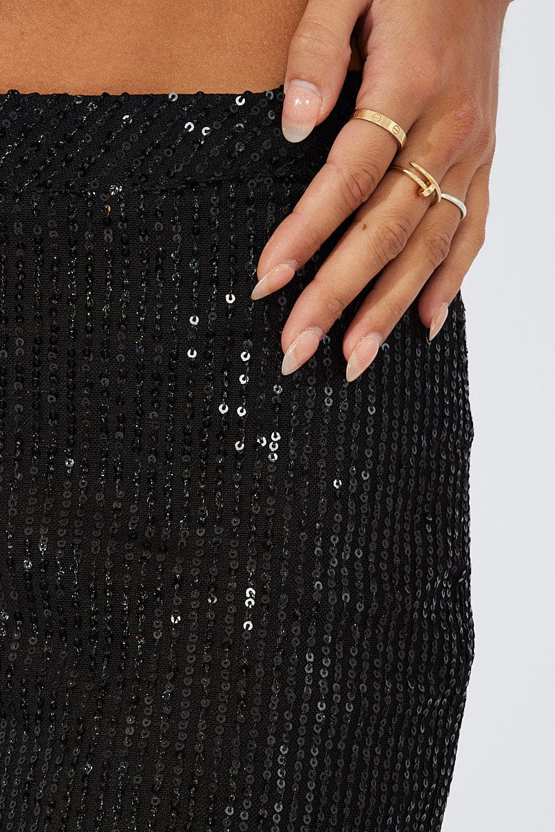 Black Flare Leg Pants High Rise Metallic