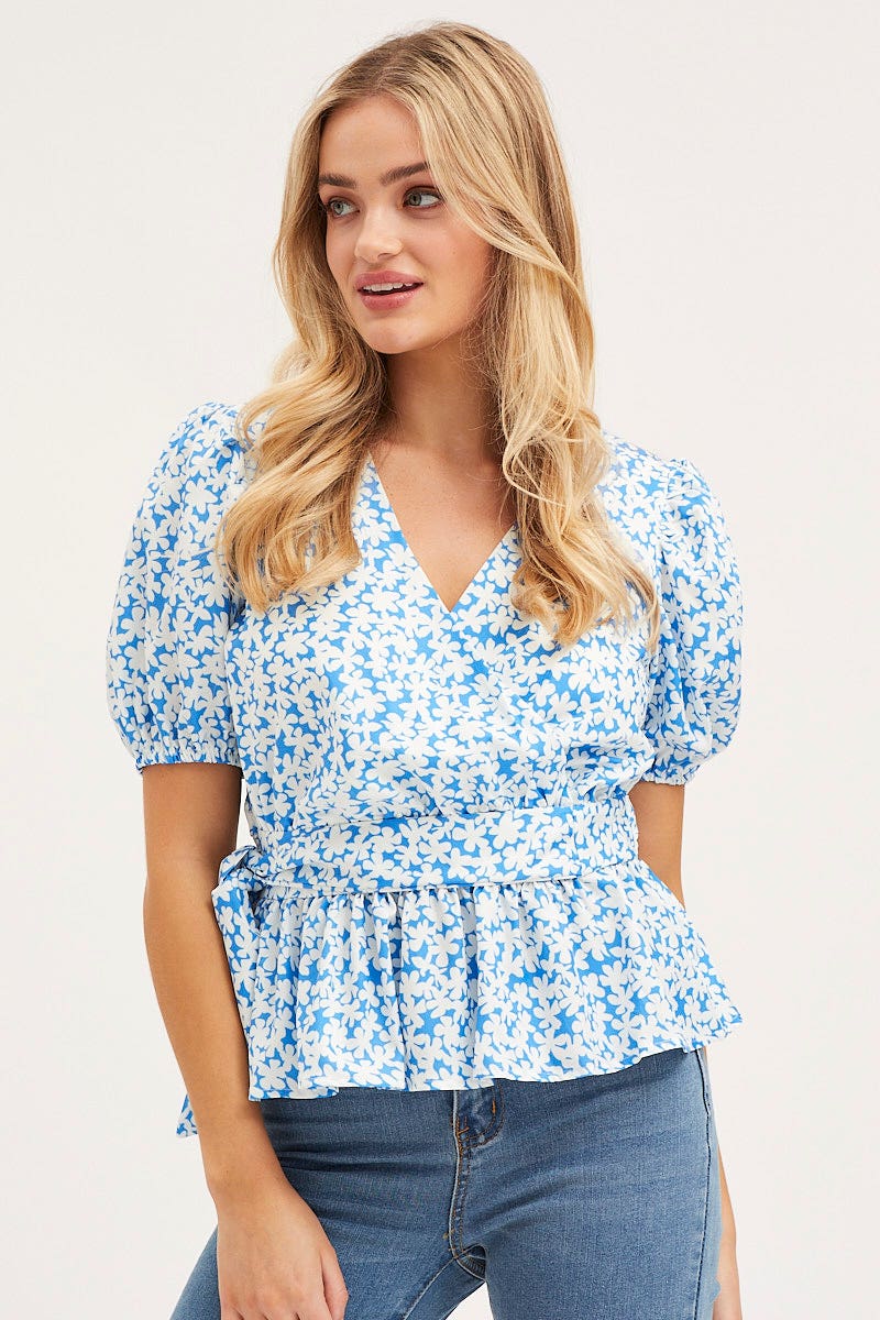 Print Wrap Top Long Sleeve Peplum