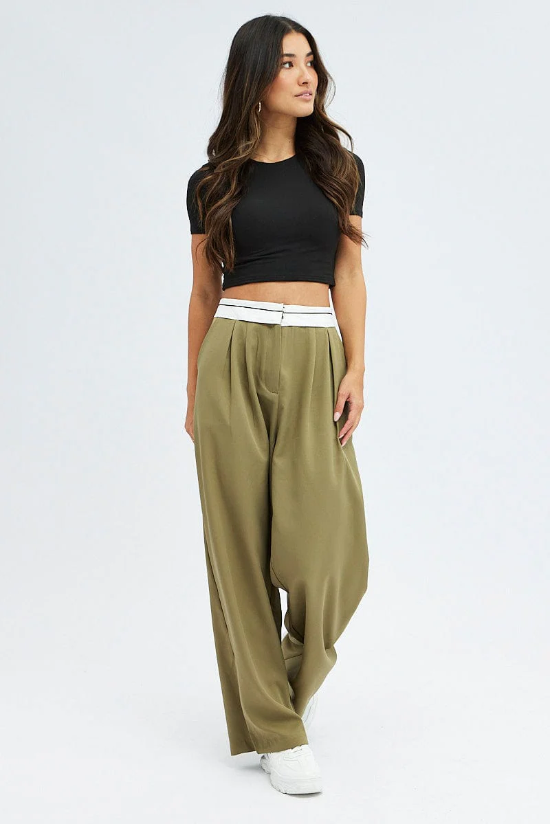 Green Wide Leg Pants Turn Down Waist Low Rise
