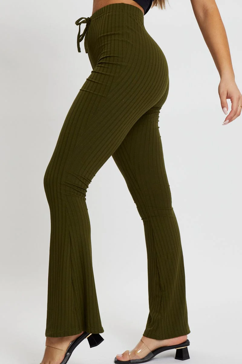 Green Jersey Rib Flared Pants