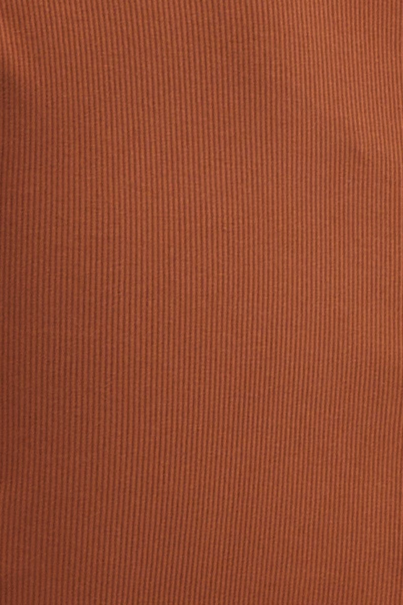 Brown Rib Jersey Short Sleeve V Neck Lace Trim Top