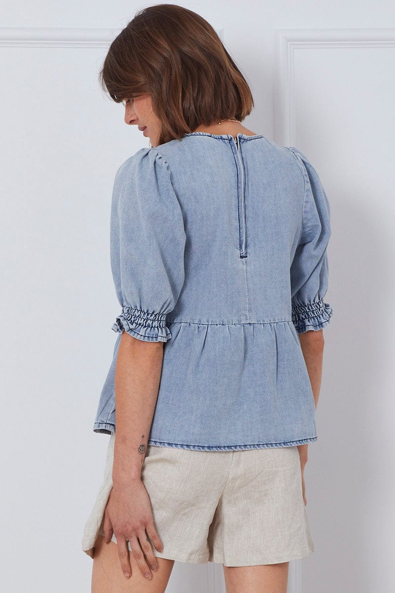 Blue Top Short Sleeve Relaxed Linen