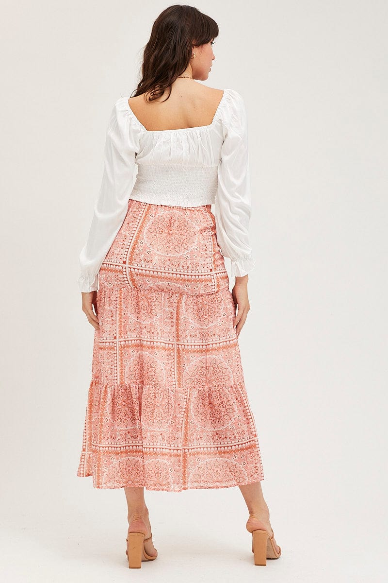 Boho Print Maxi Skirt High Rise Tiered