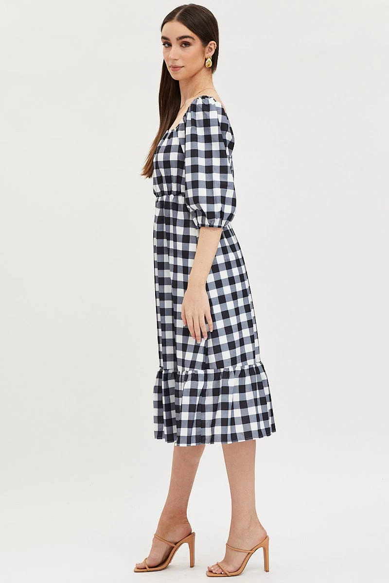 Check Midi Dress Puff Sleeve