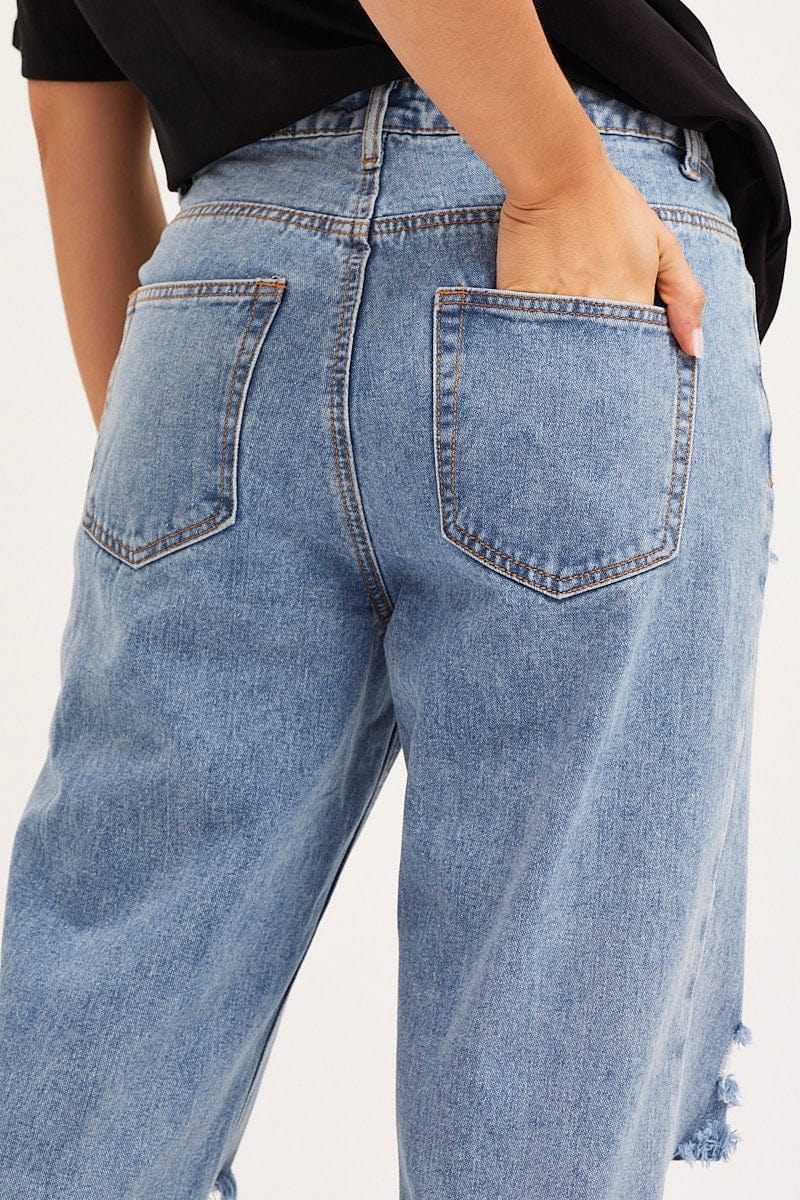 Blue Unisex Boyfriend Denim Jeans Mid Rise