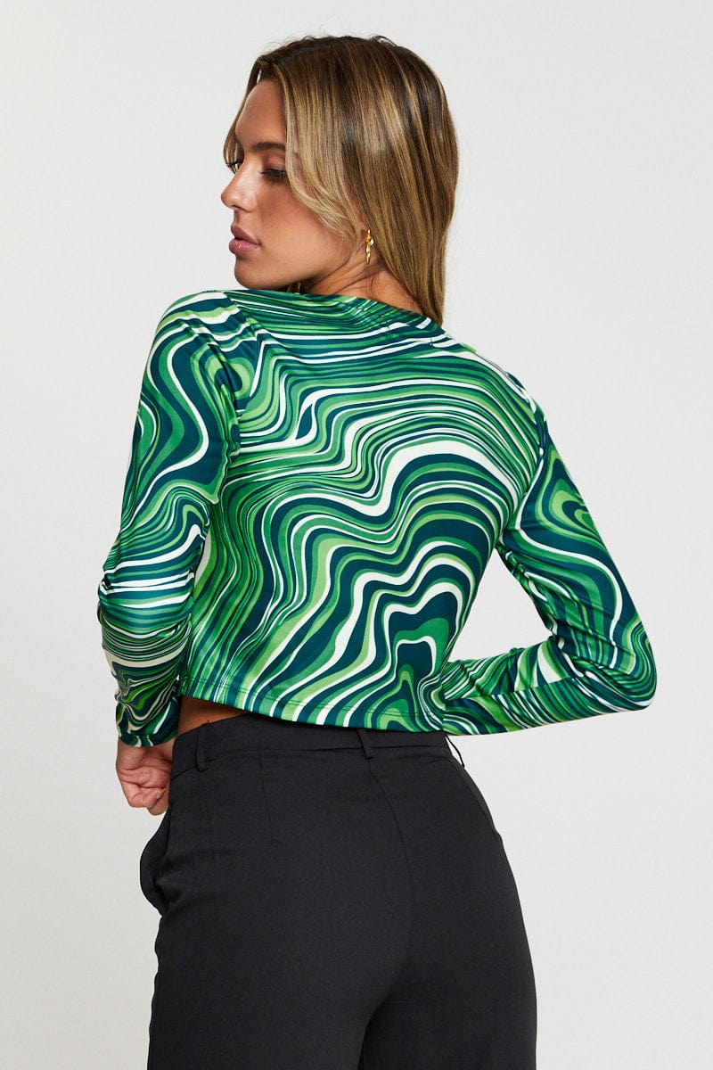 Print Crop Cardigan Long Sleeve Round Neck