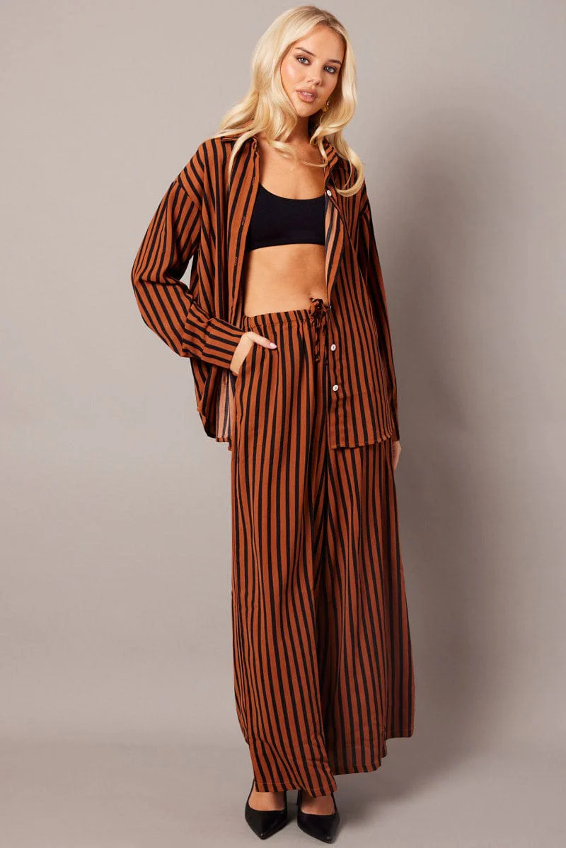 Brown Stripe Wide Leg Pants High Rise