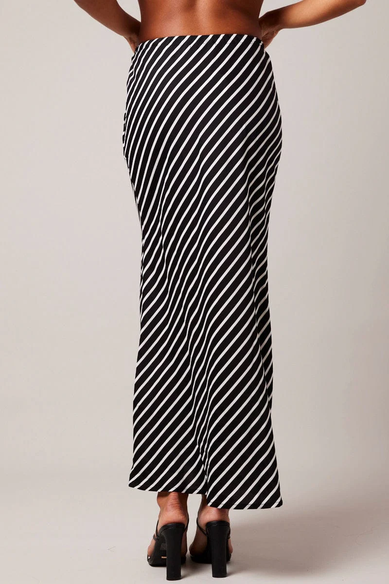 Black Stripe Slip Skirt Maxi Drawstring Waist