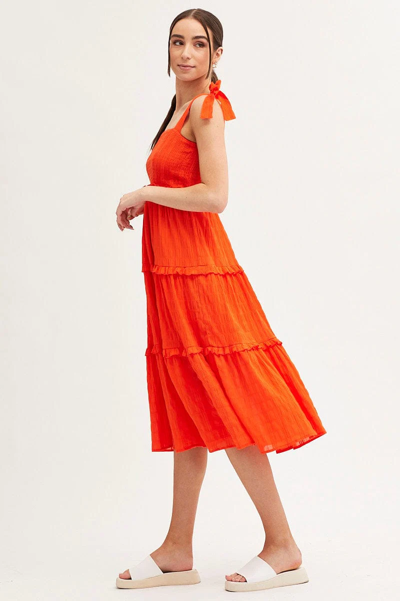 Orange Midi Dress Sleeveless Shirred Texture Cotton