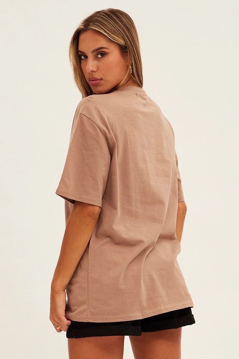 Brown Beverly Embroidered Short Sleeve T-Shirt Oversized