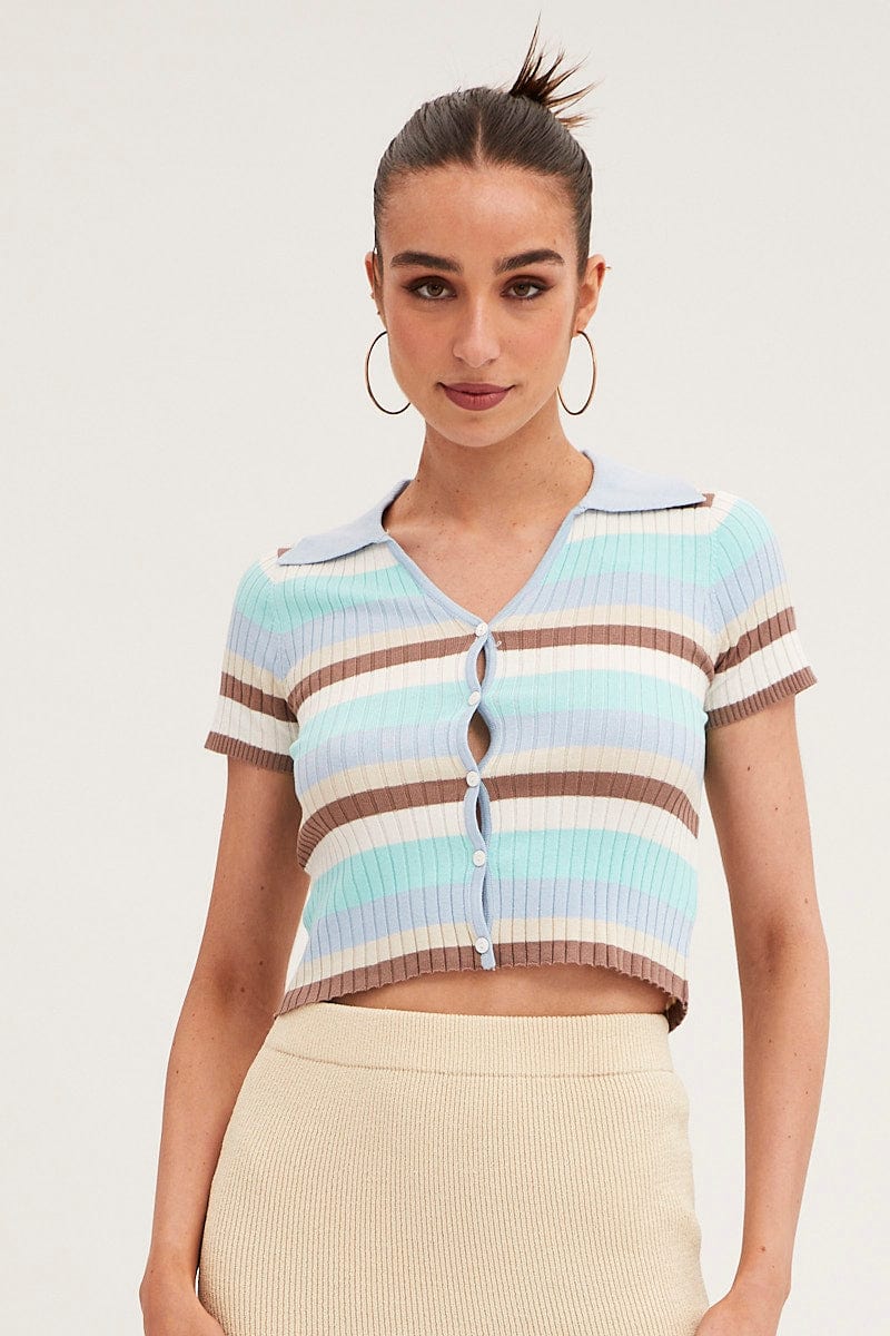 Blue Stripe Crop Cardigan Short Sleeve Knit