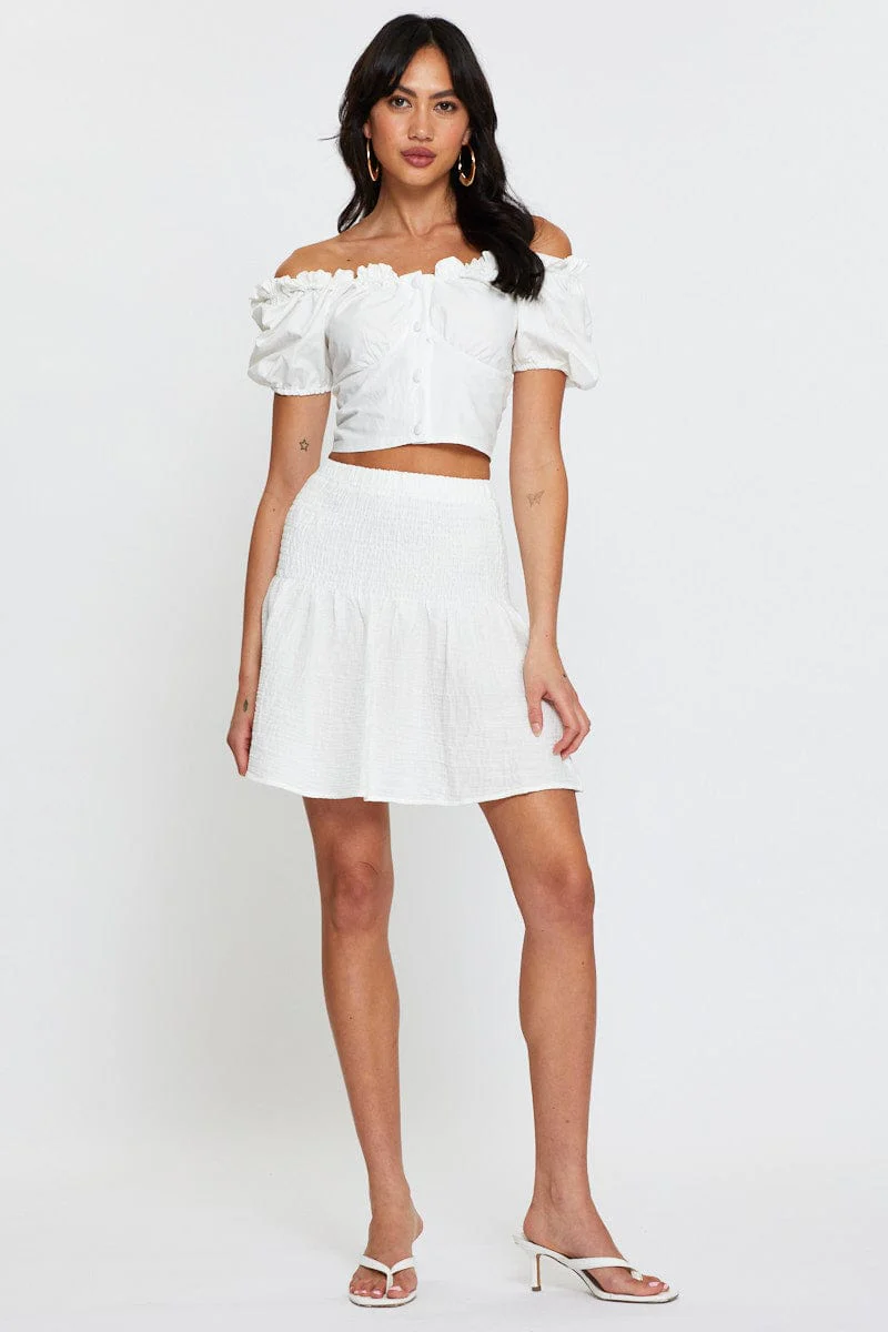 White Linen Blend Shirred Waist Skater Skirt