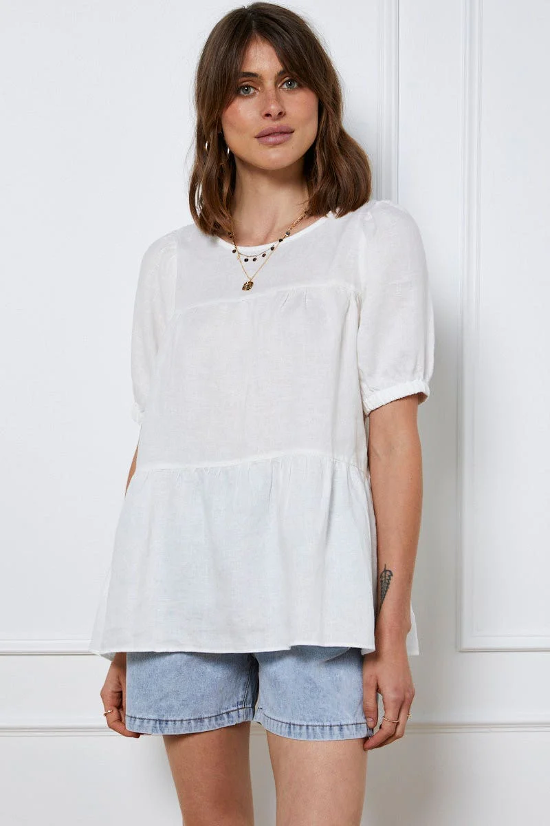 White Top Short Sleeve Relaxed Linen