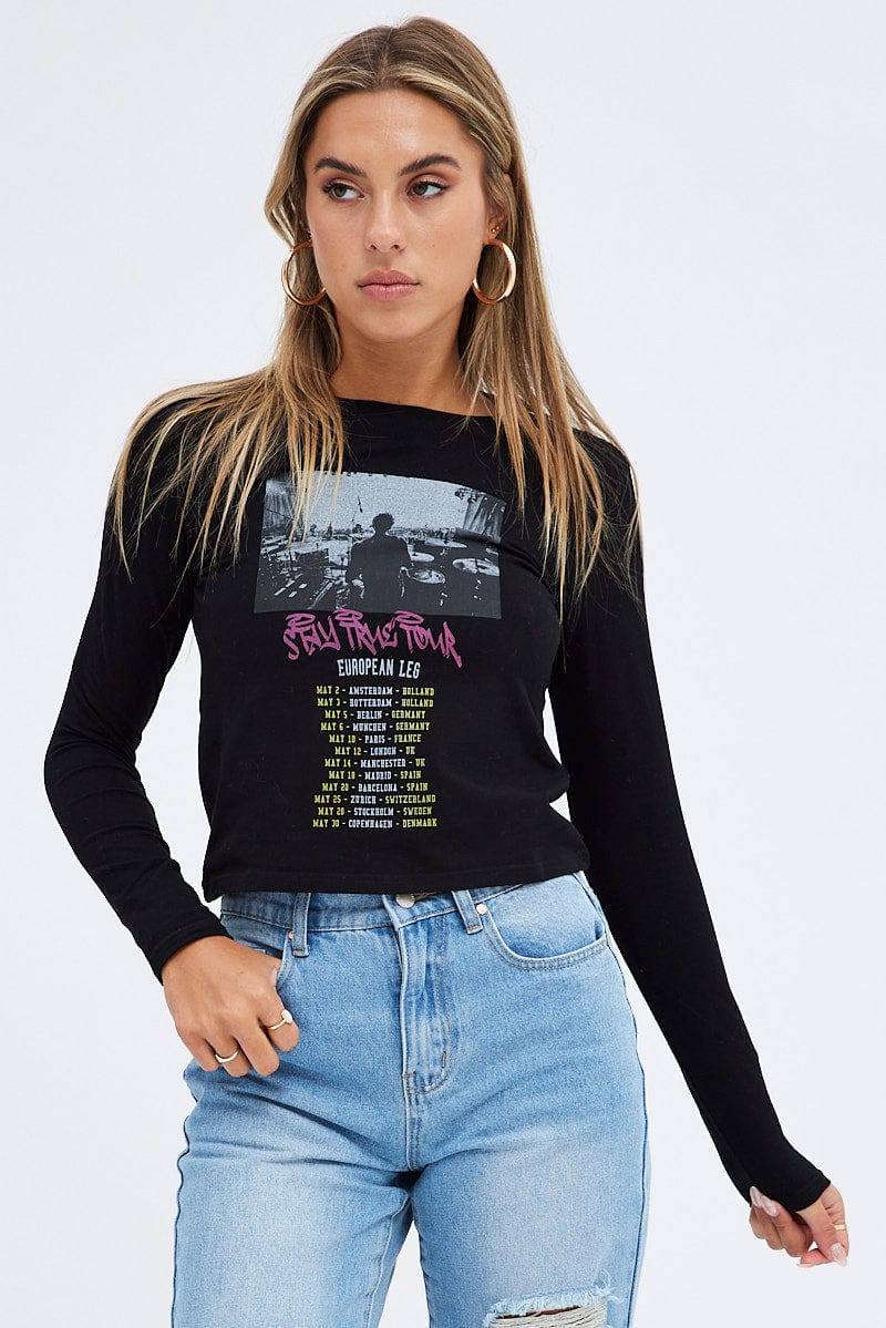 Black Top Long Sleeve Crew Neck Semi-Crop Tour Graphic