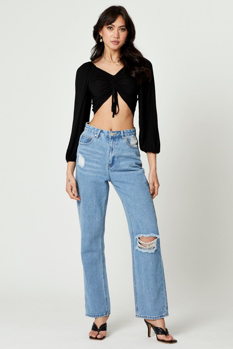 Black Ruched Long Sleeve Top