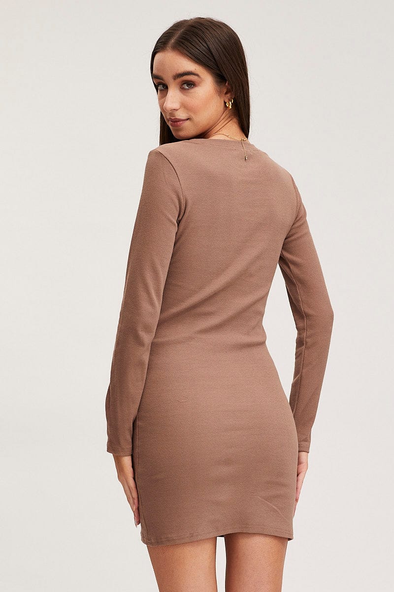 Brown Dress Long Sleeve Crew Neck