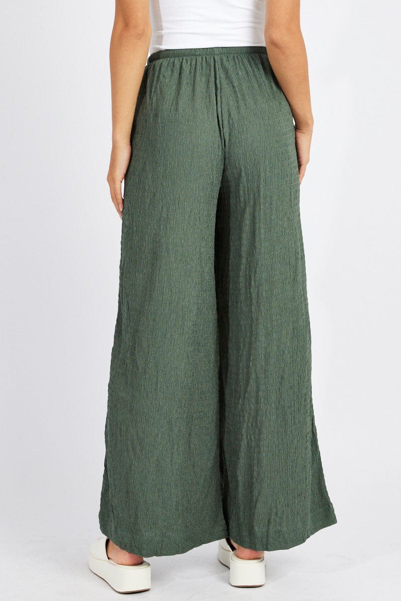 Green Wide Leg Pants High Rise Textured Fabric
