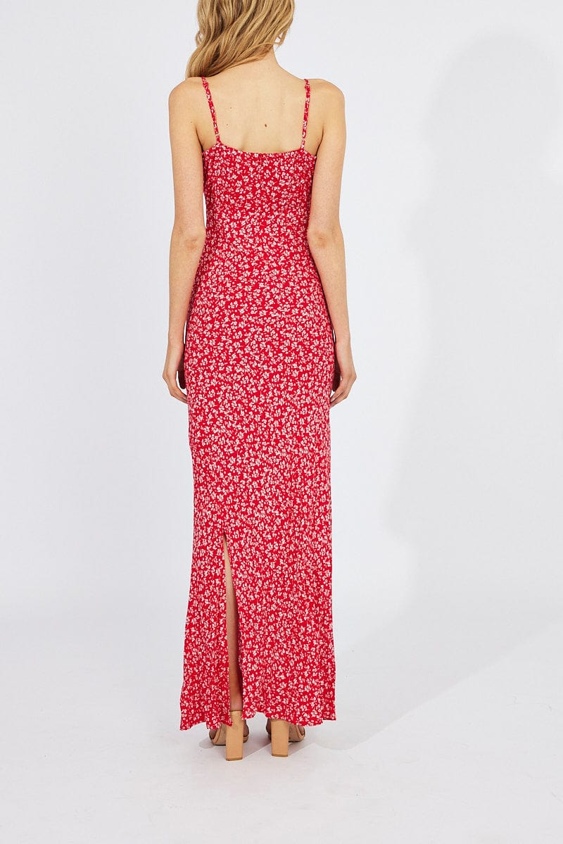 Red Floral Midi Dress Gathering Bust Sleeveless