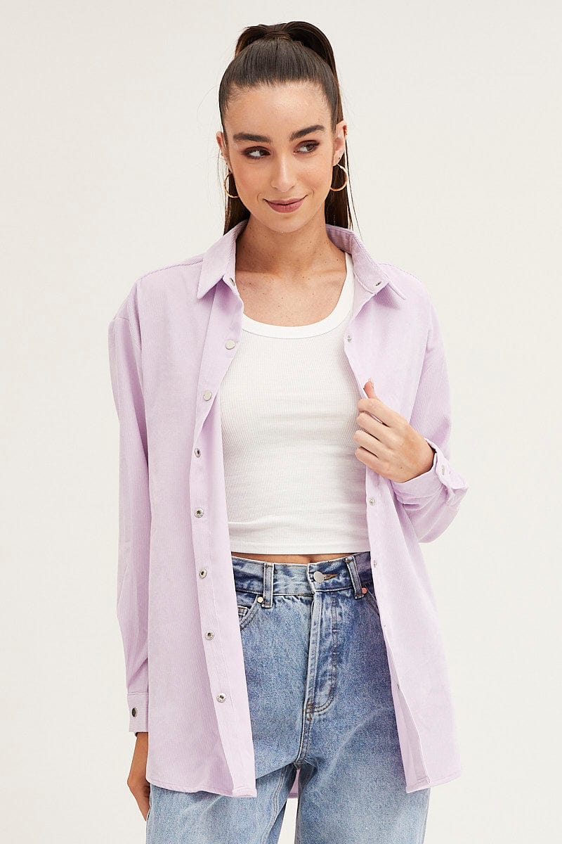 Purple Shirt Top Long Sleeve Collared Corduroy
