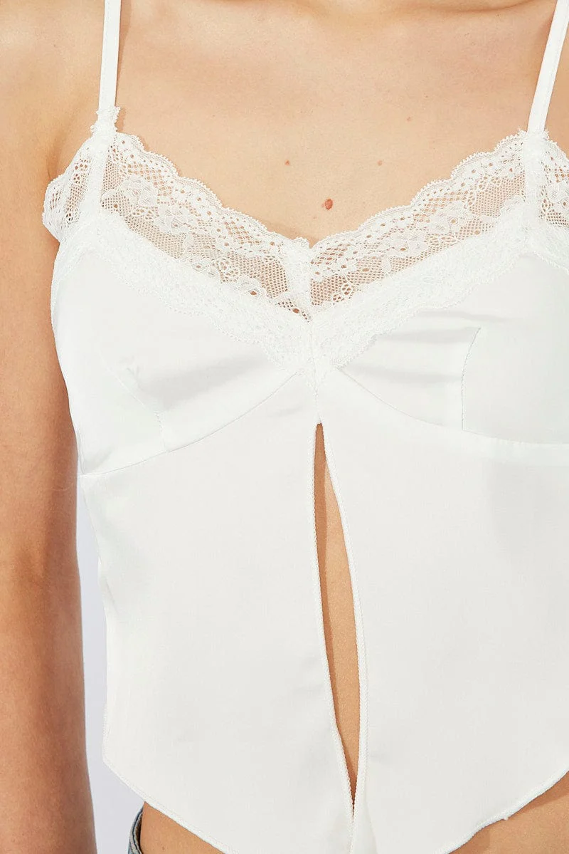 White Satin Cami Lace Trim Neck