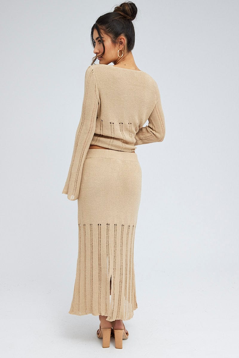 Beige Midi Skirt High Waisted A-line Ladder Knit