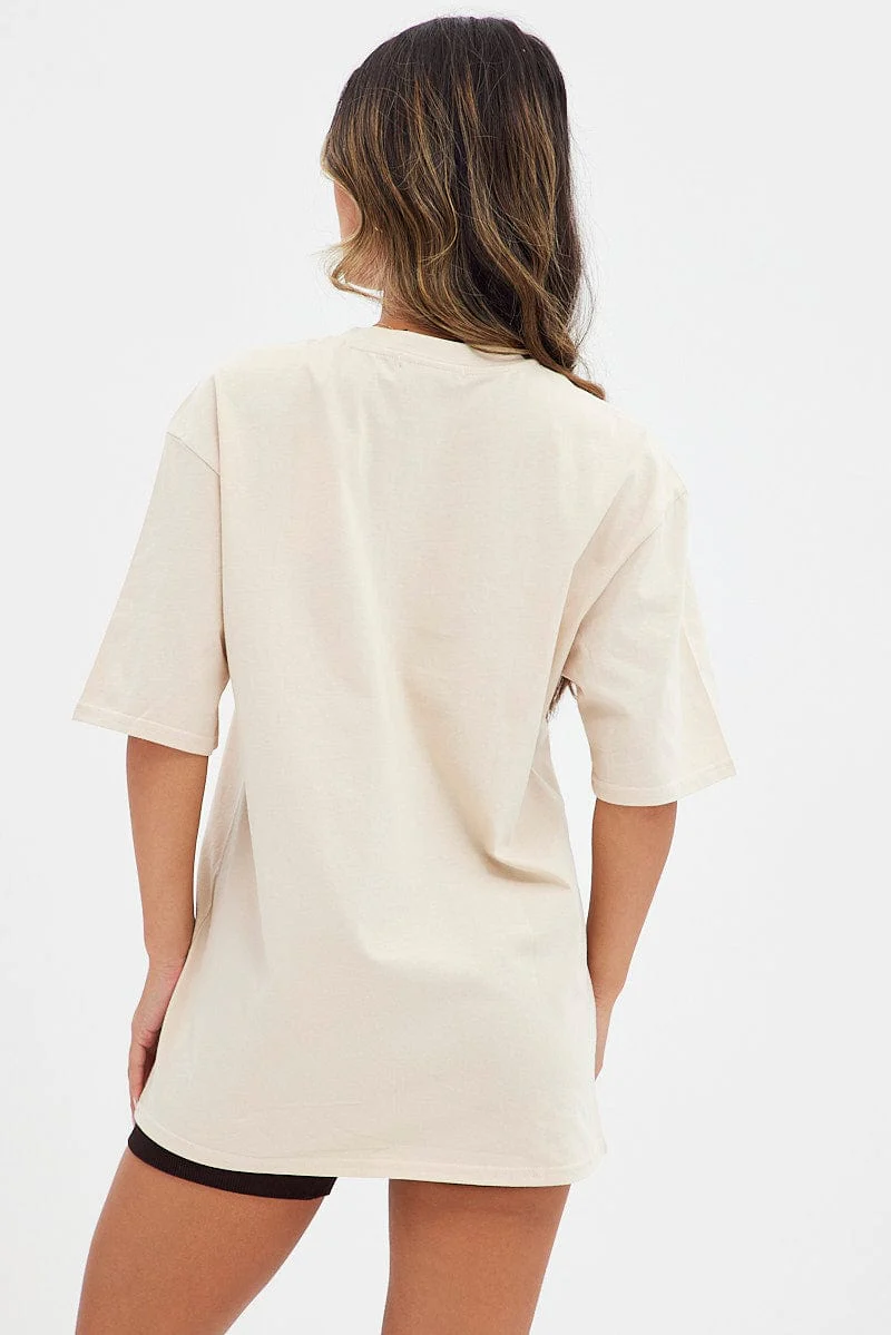 Beige T Shirt Short Sleeve Crew Neck Joshua Tree Cotton