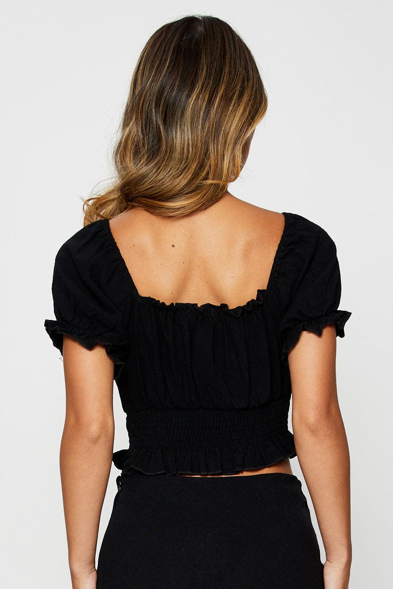 Black Puff Sleeve Top Short Sleeve Crop