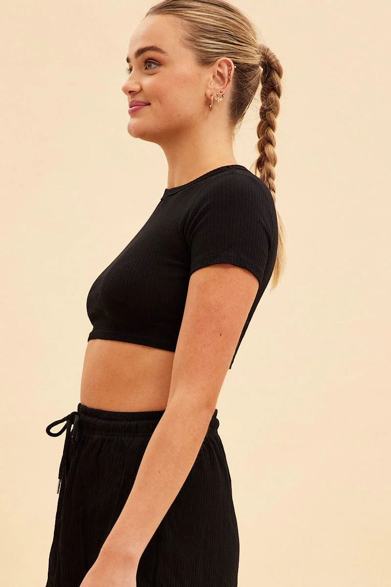 Black Prea Rib Crew Neck Short Sleeve Crop Baby T-Shirt