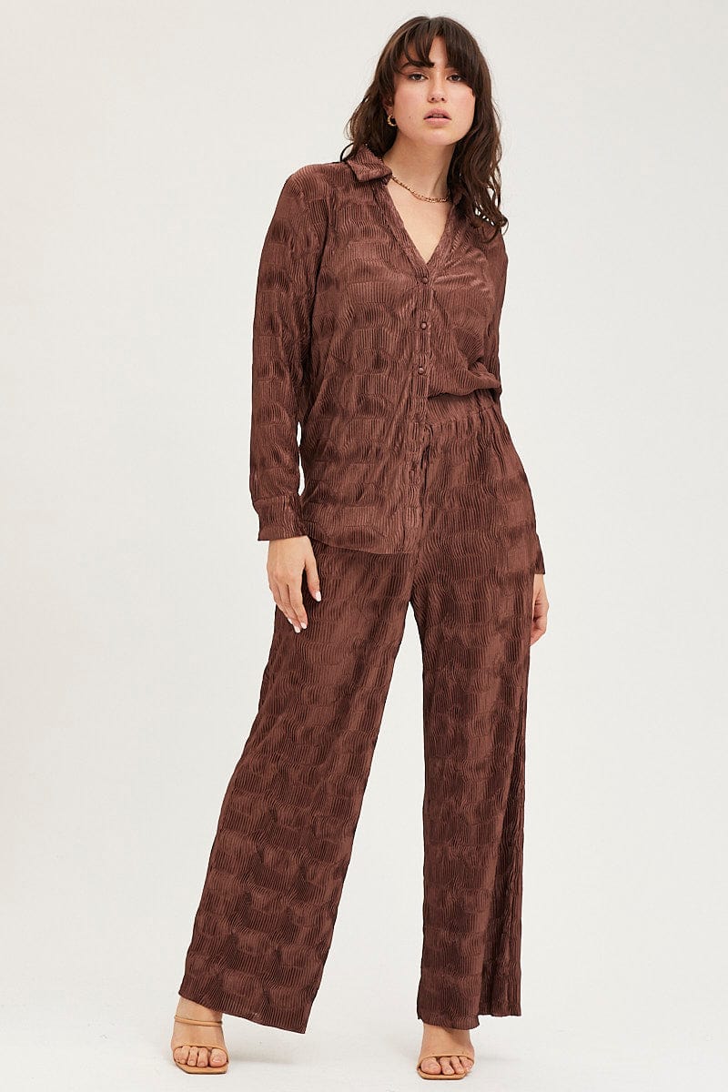 Brown Plisse Pants Wide Leg High Rise