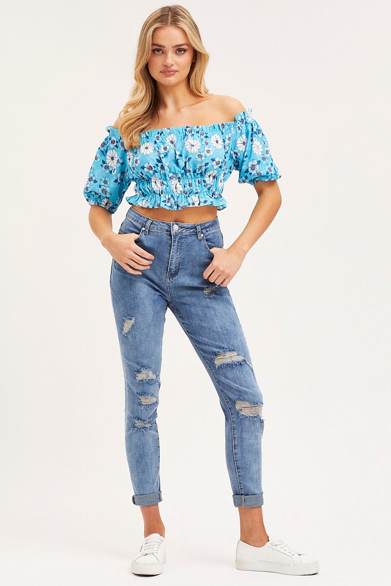 Print Crop Top Off Shoulder