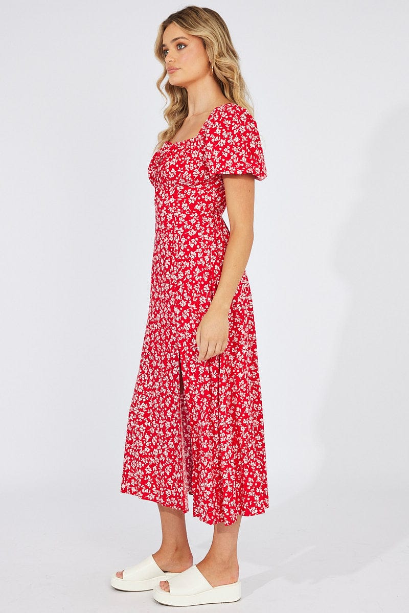 Red Ditsy Midi Dress Short Sleeve Ruched Bust