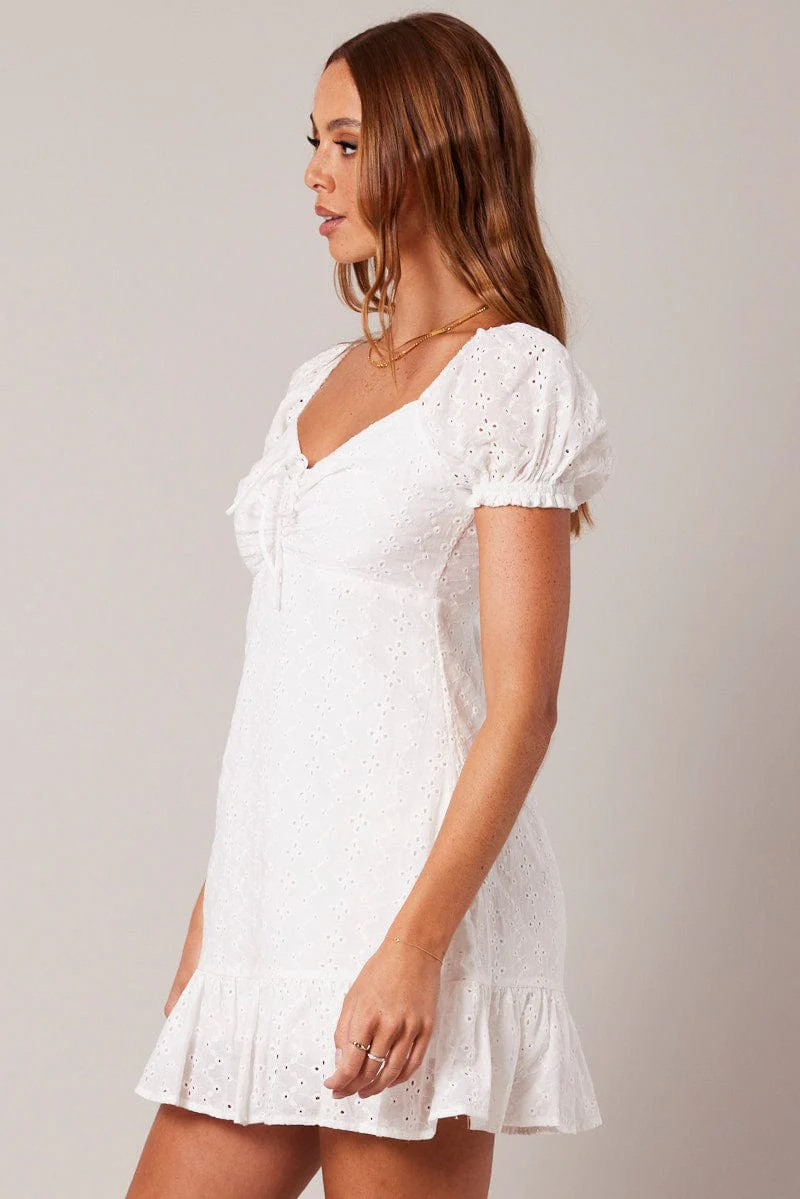 White Fit And Flare Dress Puff Sleeve Mini