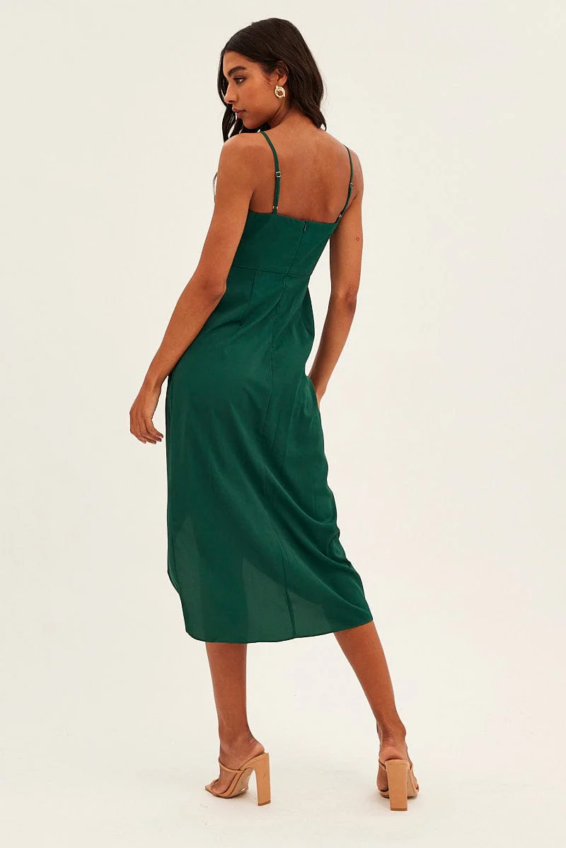 Green Midi Dress Sleeveless V Neck Wrap