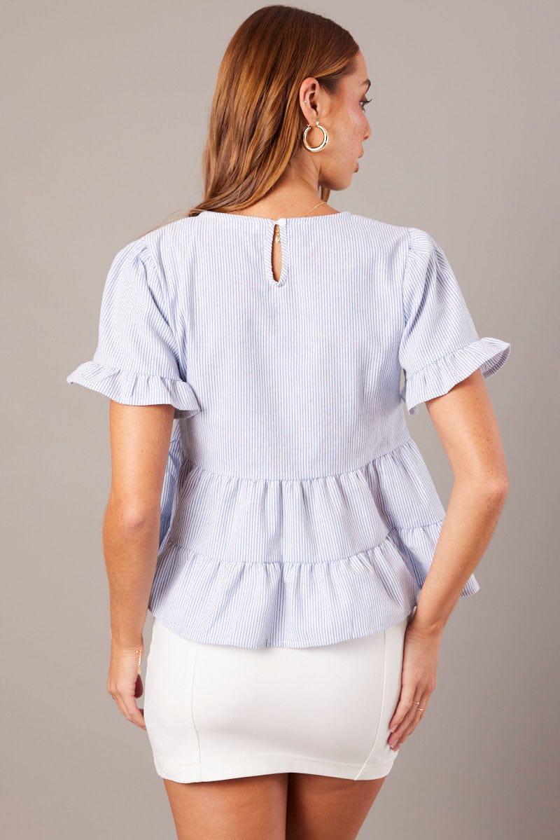Blue Stripe Ruffle Top Short Sleeve