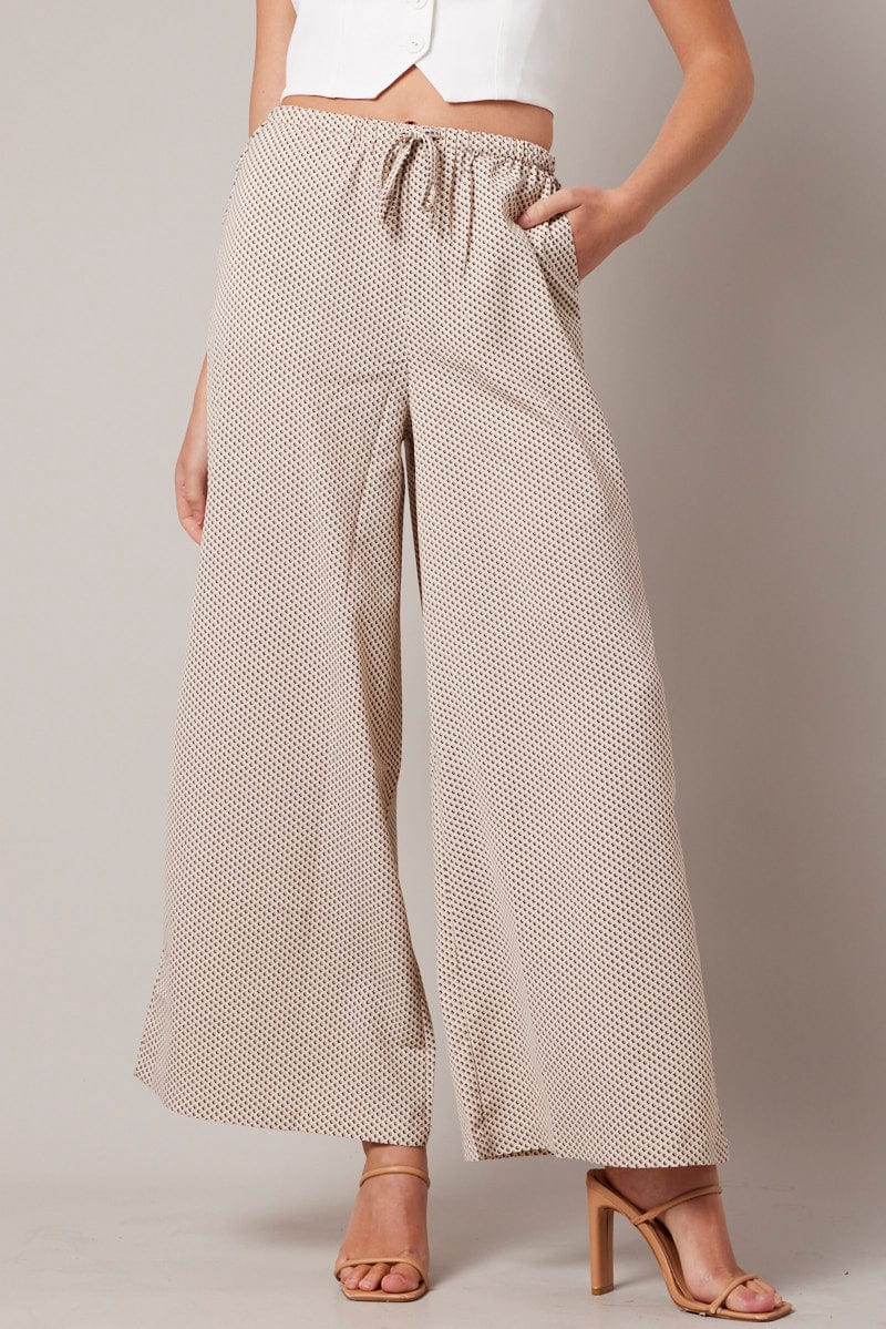 Beige Geo Wide Leg Pants High Rise