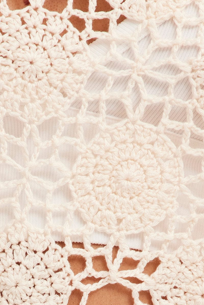 Beige Crochet Knit Sleeveless V-Neck