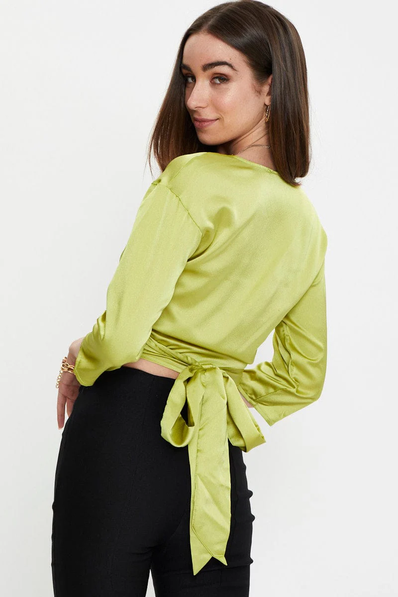 Green 3/4 Sleeve Satin Tie Up Top