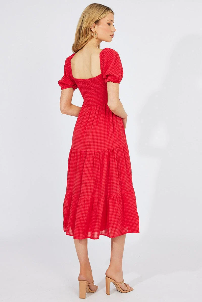 Red Midi Dress Short Sleeve Shirred