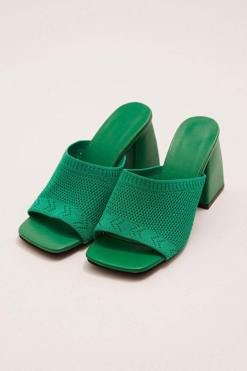 Green Square Toe Chunky Heeled Mule Sandals