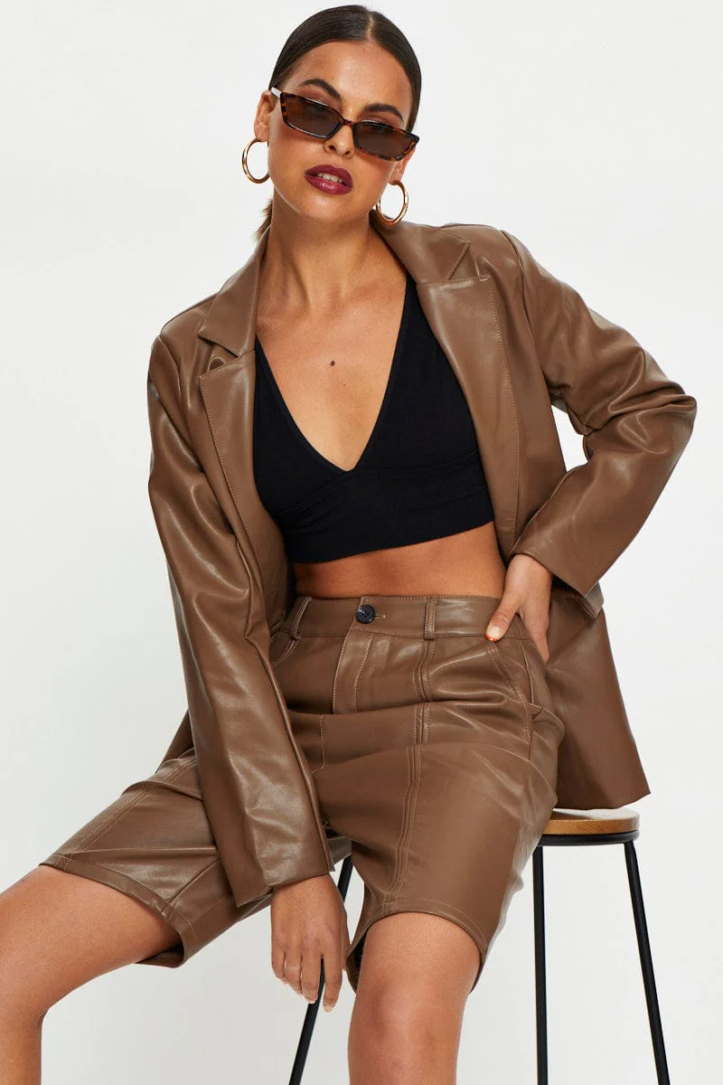 Brown Faux Leather Boyfriend Short
