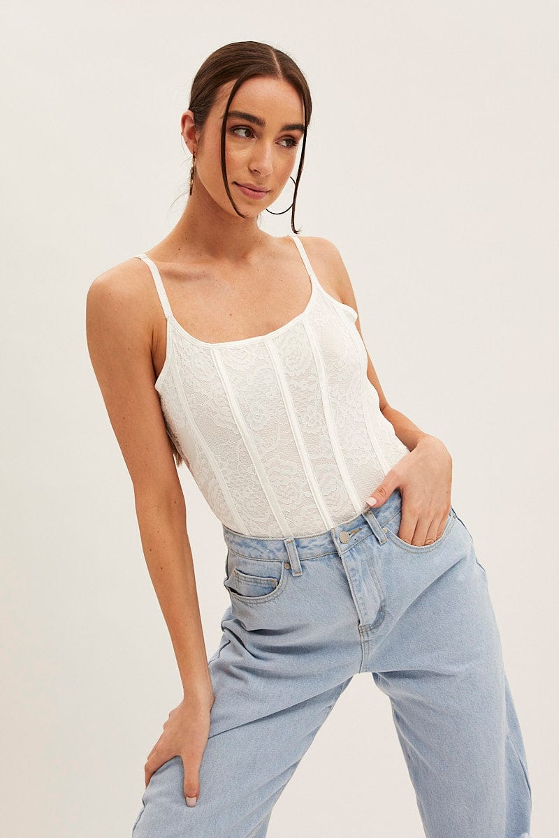 White Floral Lace Boned Corset One Piece Bodysuit