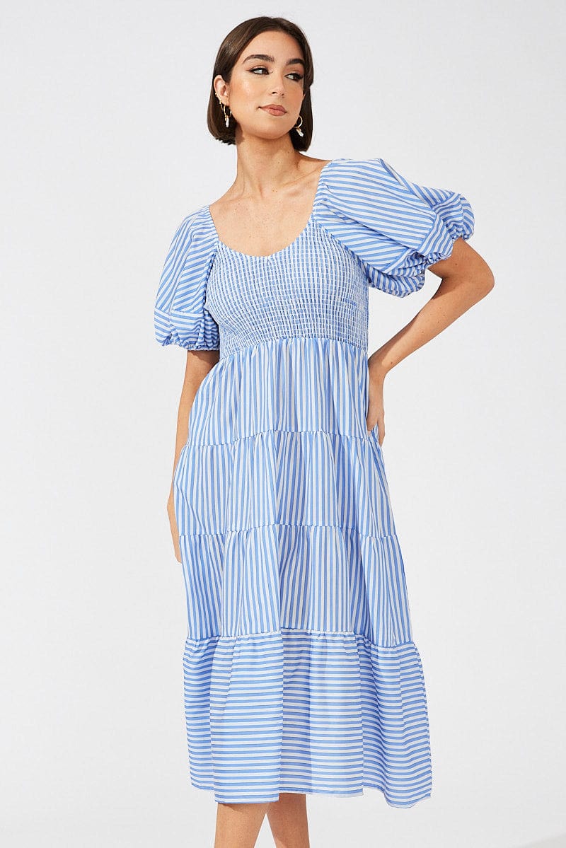 Blue Stripe Midi Dress Short Sleeve Shirred