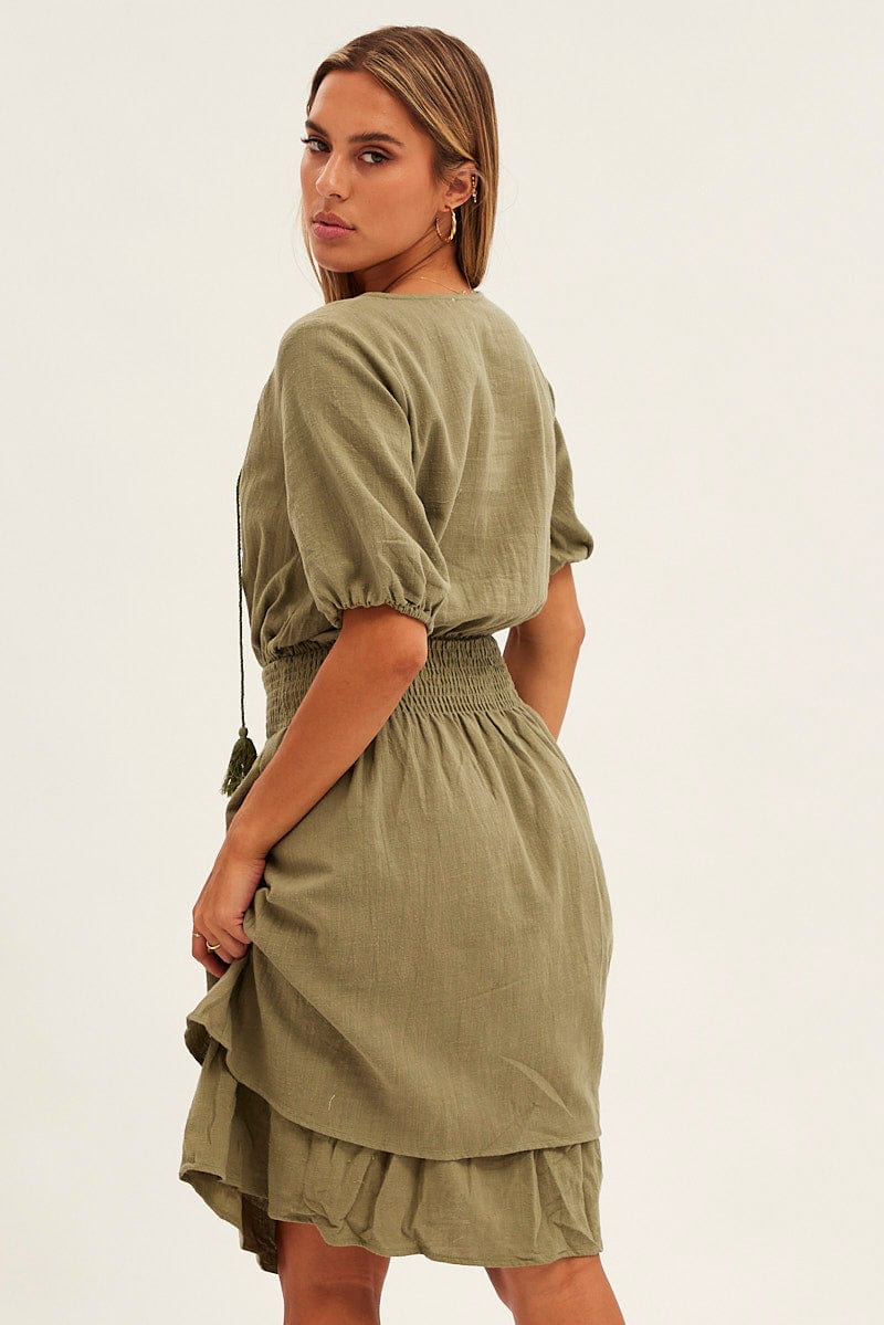 Green Midi Dress Short Sleeve V Neck