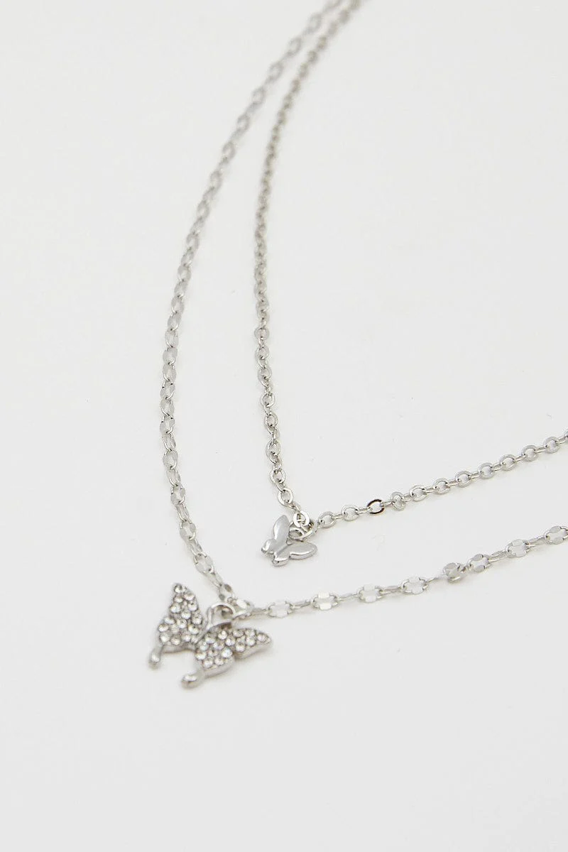 Silver Butterfly Charm Layered Necklace