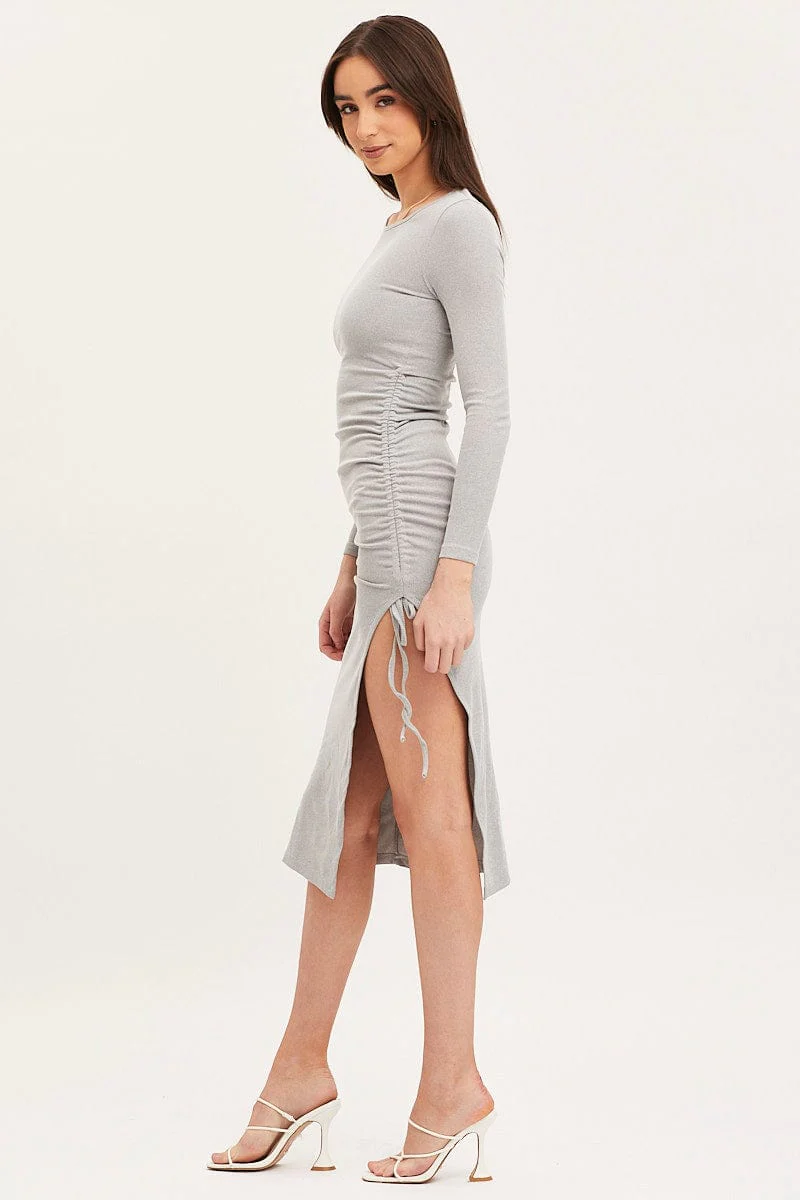 Grey Midi Dress Long Sleeve Bodycon