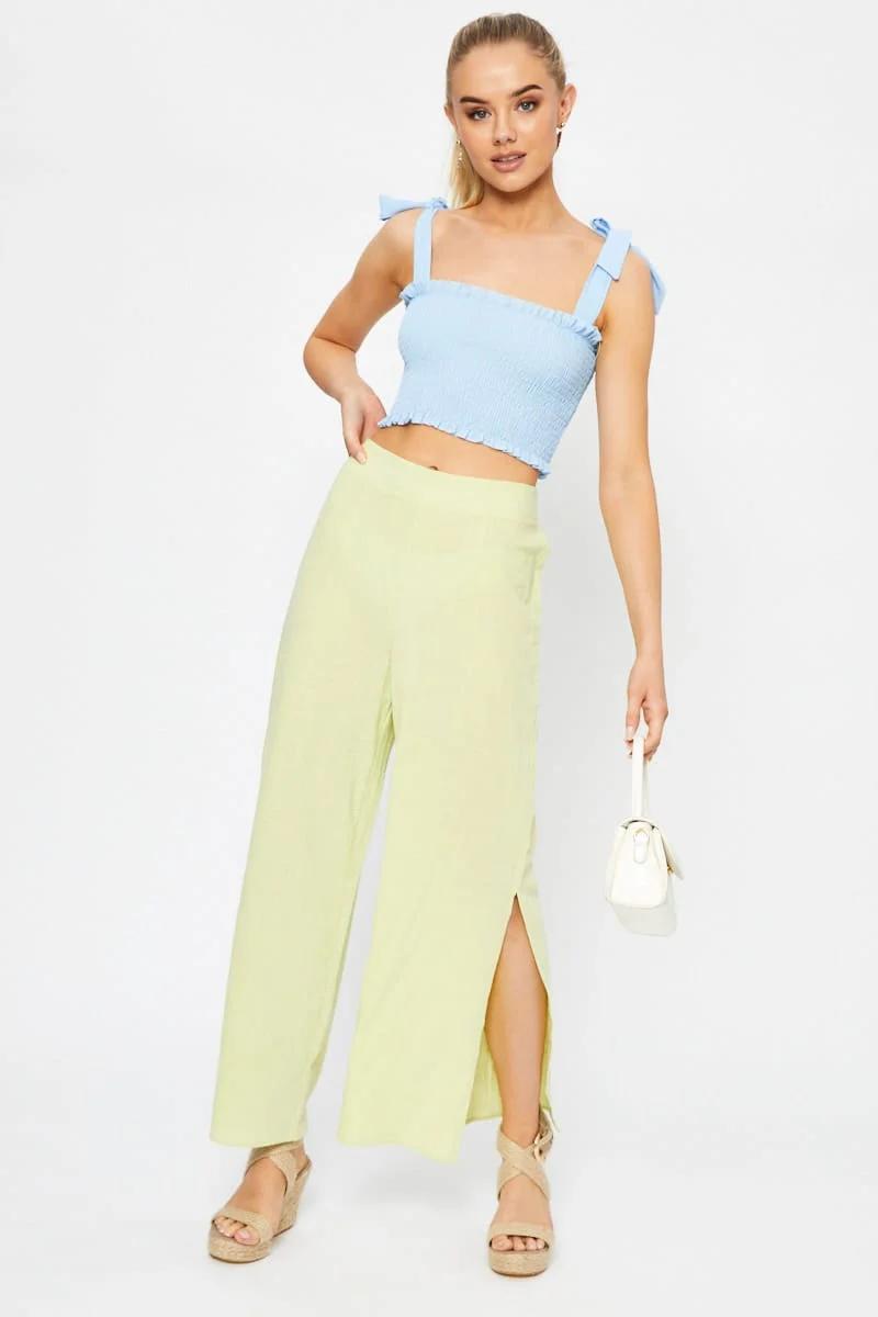 Yellow Linen Blend Elastic Side Slit Wide Leg Pants