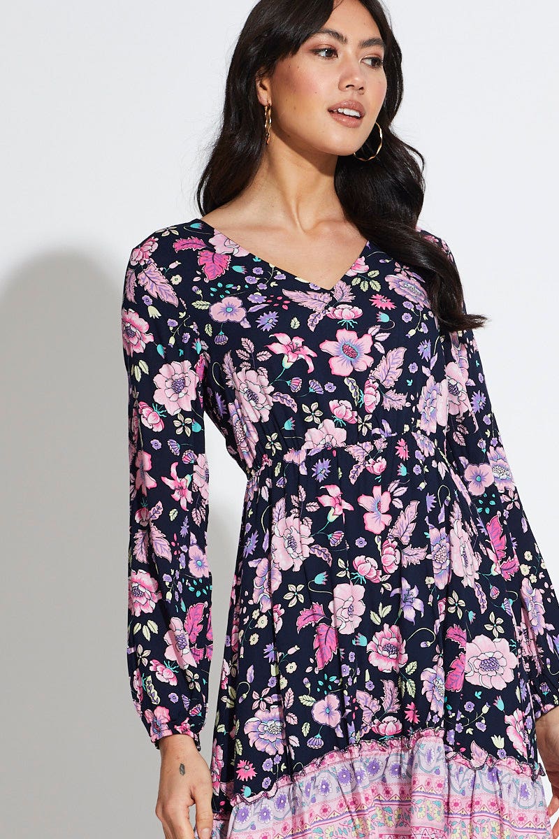 Boho Print Mini Dress Long Sleeve V Neck