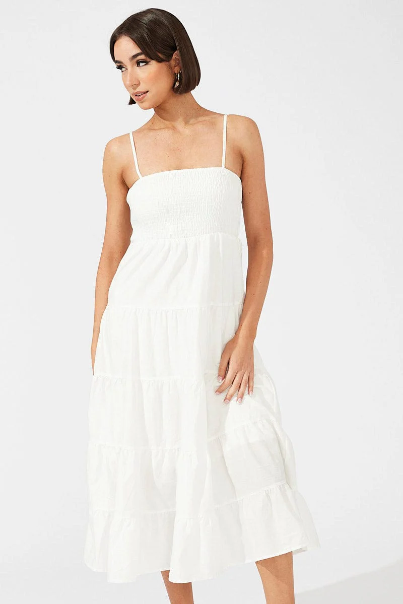 White Midi Dress Sleeveless Tiered